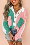 Ribbed Texture Color Block Partial Button Collared Top