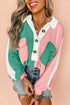 Ribbed Texture Color Block Partial Button Collared Top