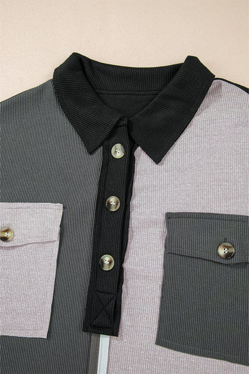 Ribbed Texture Color Block Partial Button Collared Top