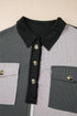 Ribbed Texture Color Block Partial Button Collared Top