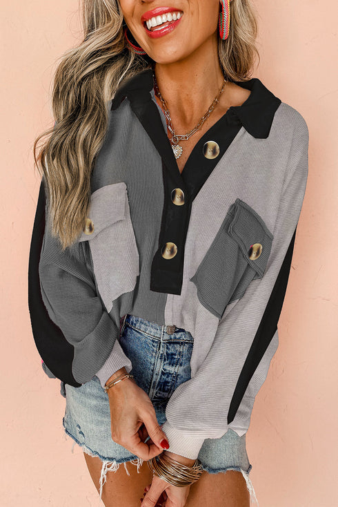 Ribbed Texture Color Block Partial Button Collared Top