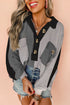 Ribbed Texture Color Block Partial Button Collared Top