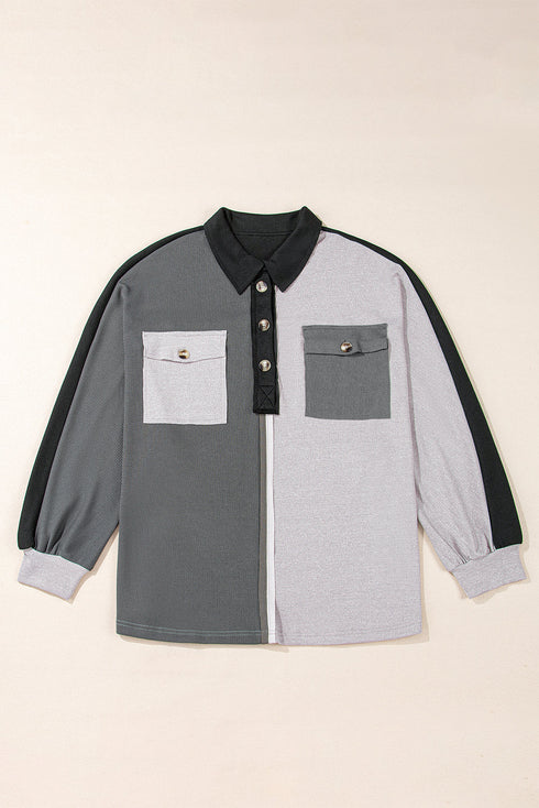Ribbed Texture Color Block Partial Button Collared Top