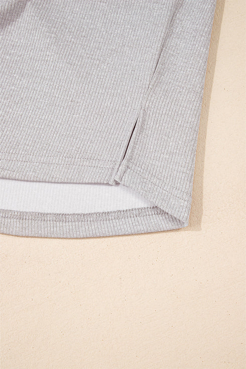 Ribbed Texture Color Block Partial Button Collared Top