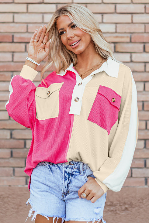 Ribbed Texture Color Block Partial Button Collared Top