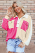 Ribbed Texture Color Block Partial Button Collared Top