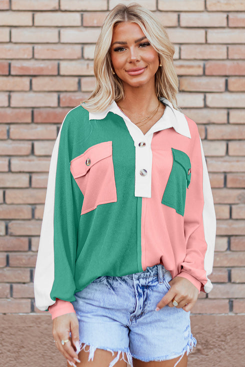 Ribbed Texture Color Block Partial Button Collared Top
