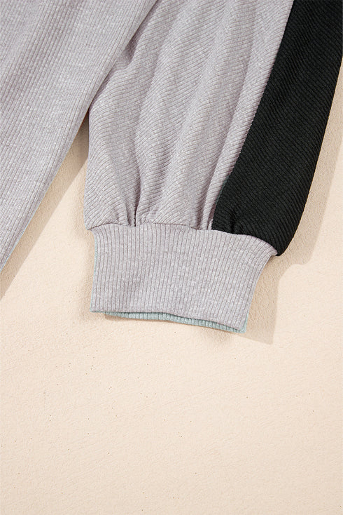 Ribbed Texture Color Block Partial Button Collared Top