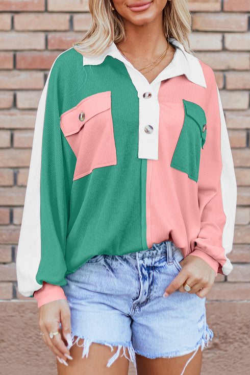 Ribbed Texture Color Block Partial Button Collared Top