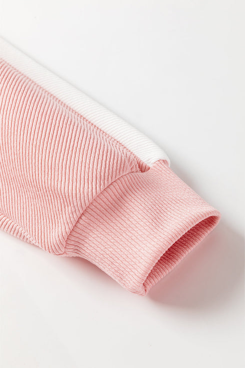 Ribbed Texture Color Block Partial Button Collared Top