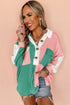 Ribbed Texture Color Block Partial Button Collared Top
