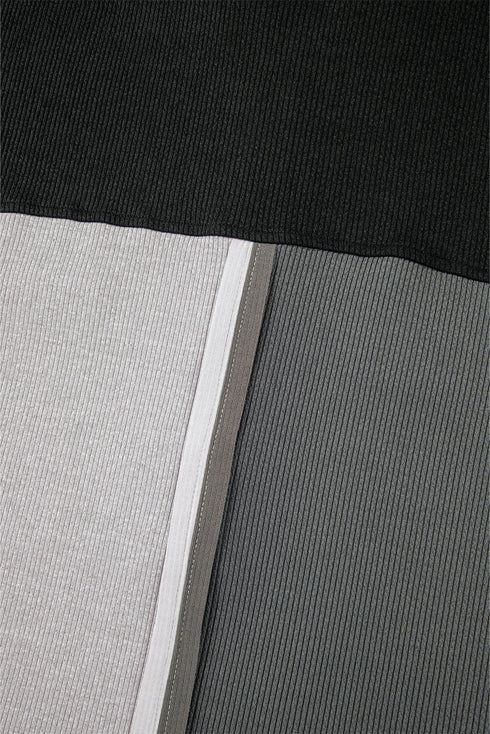 Ribbed Texture Color Block Partial Button Collared Top