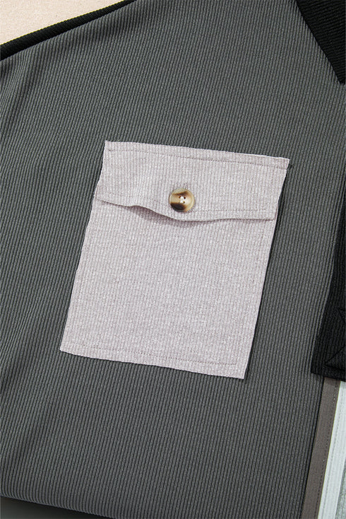 Ribbed Texture Color Block Partial Button Collared Top