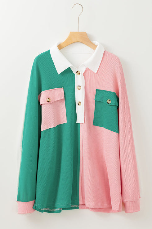 Ribbed Texture Color Block Partial Button Collared Top