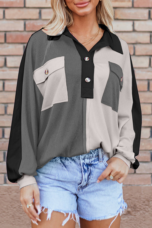 Ribbed Texture Color Block Partial Button Collared Top