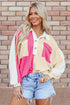Ribbed Texture Color Block Partial Button Collared Top