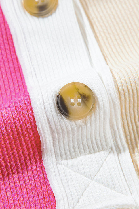 Ribbed Texture Color Block Partial Button Collared Top
