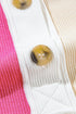Ribbed Texture Color Block Partial Button Collared Top