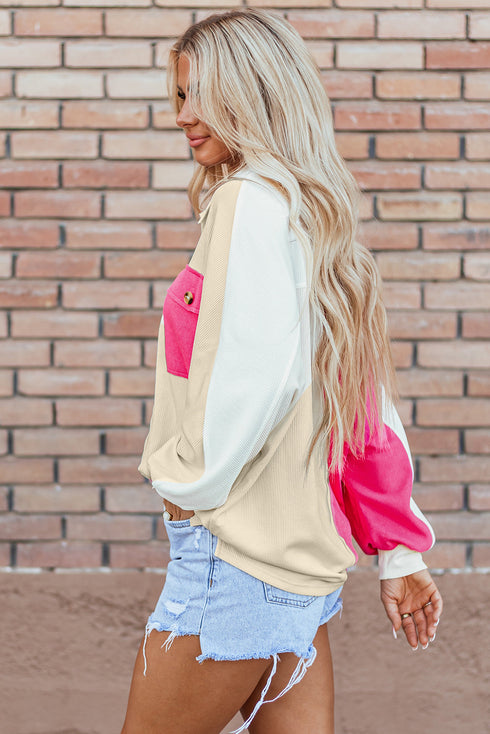 Ribbed Texture Color Block Partial Button Collared Top