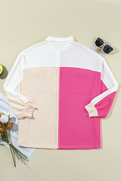 Ribbed Texture Color Block Partial Button Collared Top