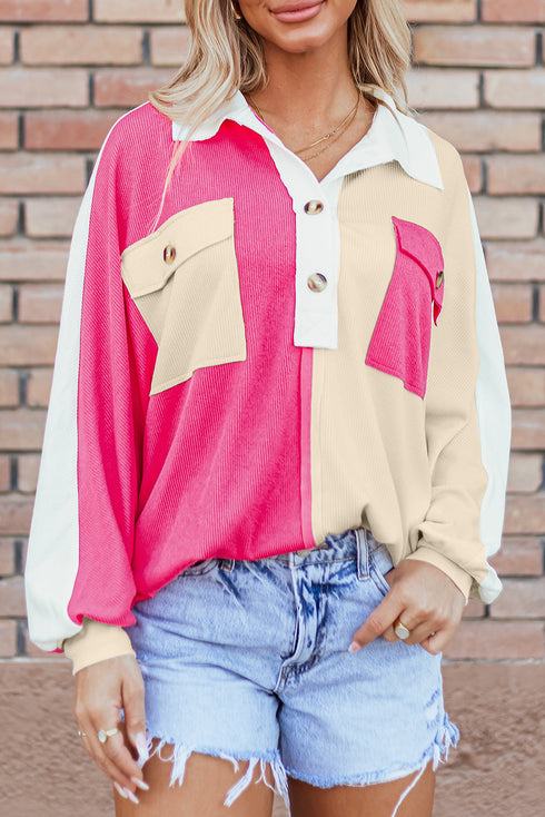 Ribbed Texture Color Block Partial Button Collared Top
