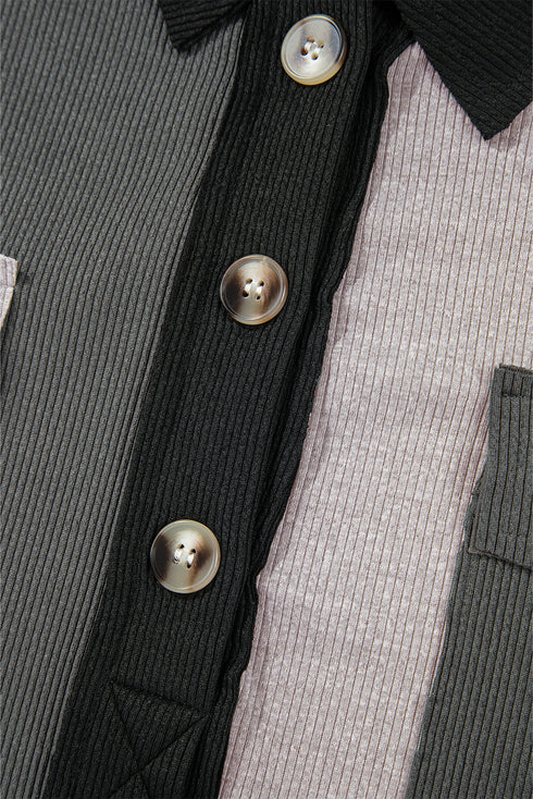Ribbed Texture Color Block Partial Button Collared Top
