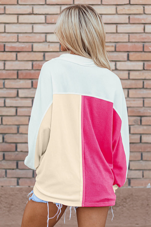 Ribbed Texture Color Block Partial Button Collared Top