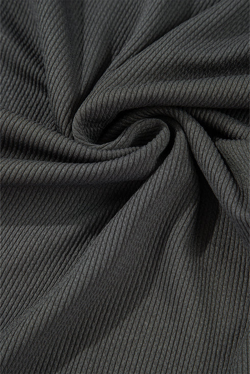 Ribbed Texture Color Block Partial Button Collared Top