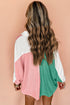 Ribbed Texture Color Block Partial Button Collared Top