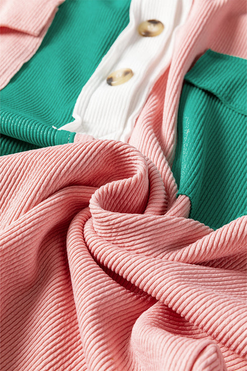 Ribbed Texture Color Block Partial Button Collared Top