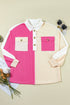 Ribbed Texture Color Block Partial Button Collared Top