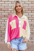 Ribbed Texture Color Block Partial Button Collared Top