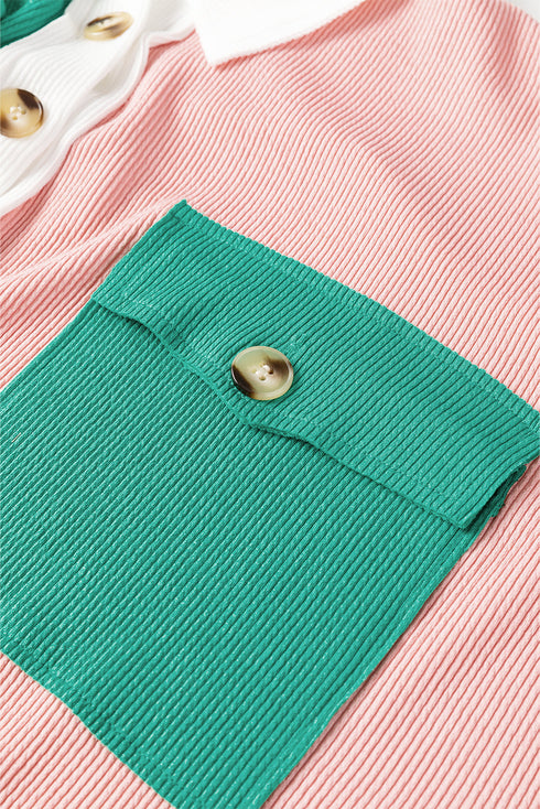 Ribbed Texture Color Block Partial Button Collared Top