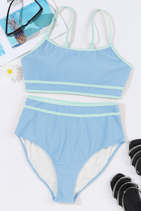 Ribbed Texture Contrast Trim Spaghetti Strap High Waisted Swimsuit