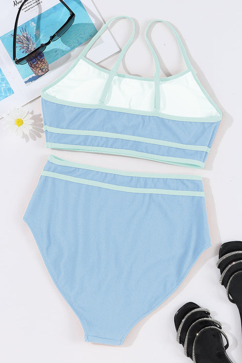 Ribbed Texture Contrast Trim Spaghetti Strap High Waisted Swimsuit