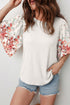 Ribbed Texture Floral Print Patchwork Half Sleeve Top