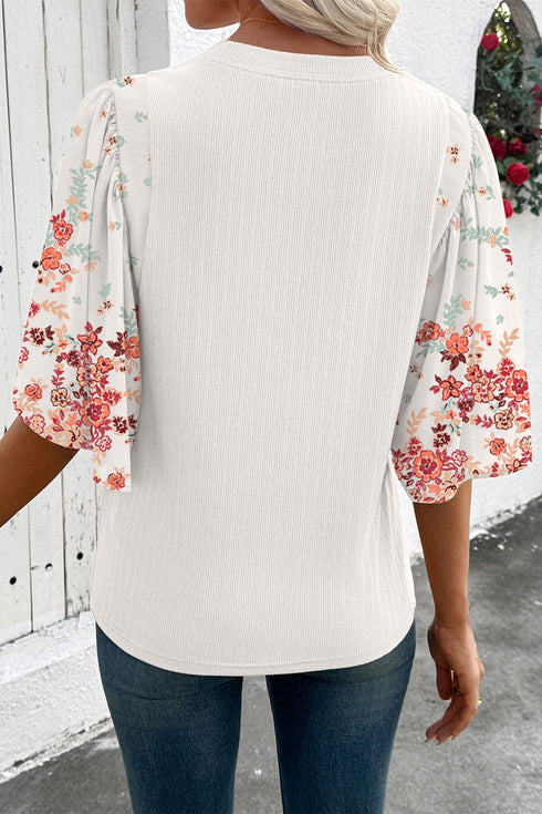 Ribbed Texture Floral Print Patchwork Half Sleeve Top