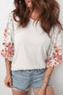 Ribbed Texture Floral Print Patchwork Half Sleeve Top