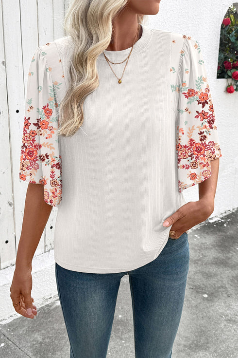 Ribbed Texture Floral Print Patchwork Half Sleeve Top