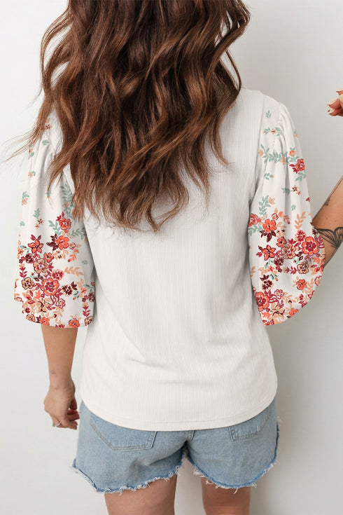 Ribbed Texture Floral Print Patchwork Half Sleeve Top