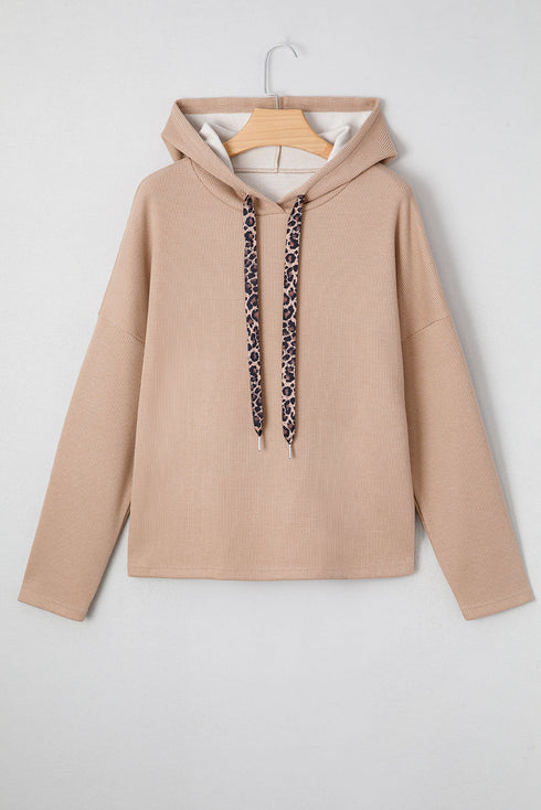 Ribbed Texture Lace Drawstring Drop Shoulder Hoodie