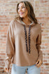 Ribbed Texture Lace Drawstring Drop Shoulder Hoodie
