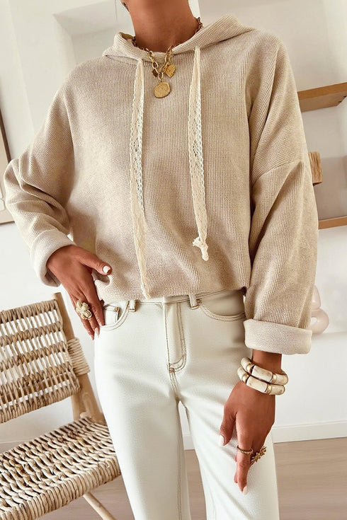 Ribbed Texture Lace Drawstring Drop Shoulder Hoodie
