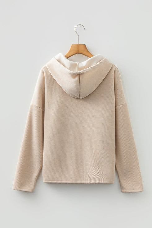 Ribbed Texture Lace Drawstring Drop Shoulder Hoodie