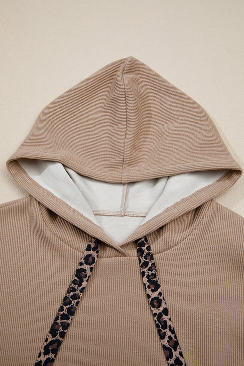 Ribbed Texture Lace Drawstring Drop Shoulder Hoodie