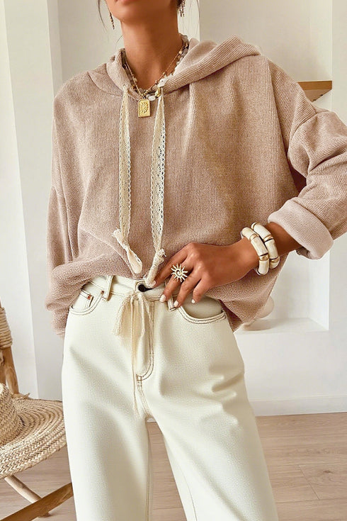 Ribbed Texture Lace Drawstring Drop Shoulder Hoodie