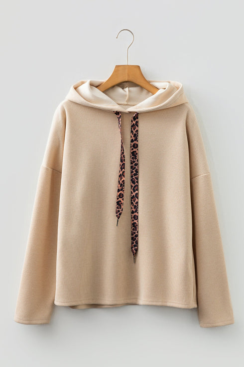 Ribbed Texture Lace Drawstring Drop Shoulder Hoodie