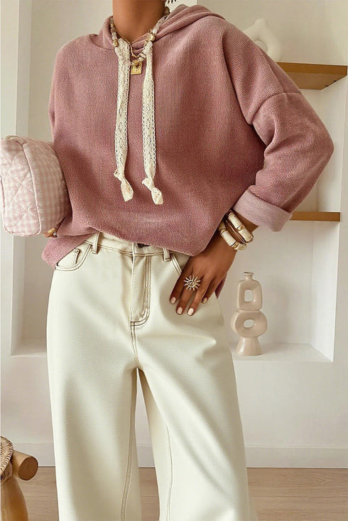 Ribbed Texture Lace Drawstring Drop Shoulder Hoodie