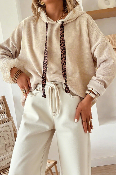 Ribbed Texture Lace Drawstring Drop Shoulder Hoodie