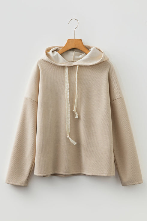 Ribbed Texture Lace Drawstring Drop Shoulder Hoodie